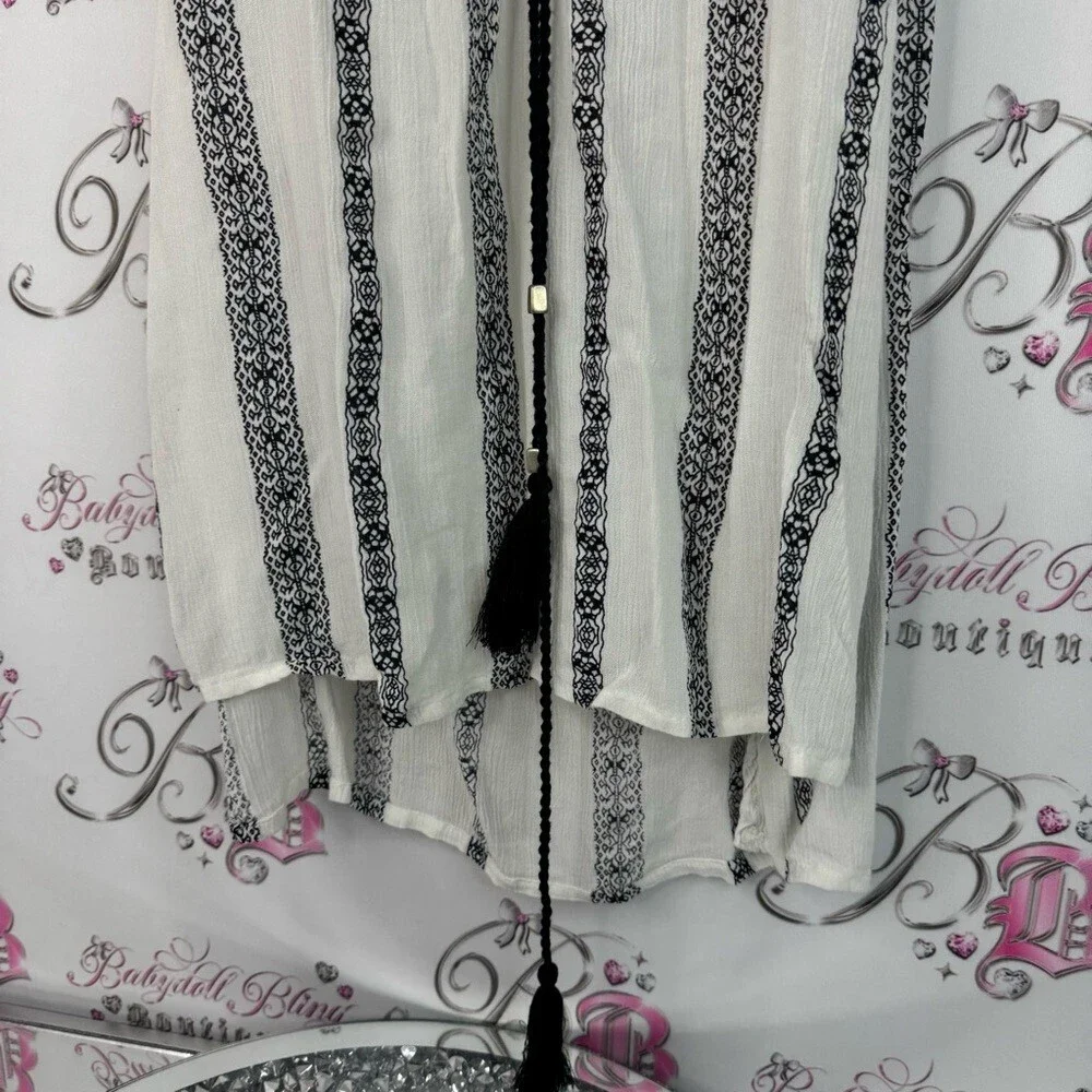 Koy resort tank top long style tassle ties  Black White Striped Sleeveless Top